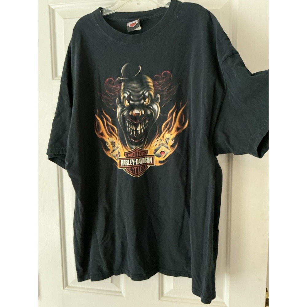 Vintage‎ Harley Davidson Shirt Men 2XL Black Tee Clown Flames Dice Y2K Biker - Picture 2 of 7